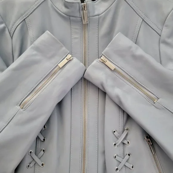 Neiman Marcus Light Blue Leather Lace-Up Moto Leather Jacket - Picture 13 of 16